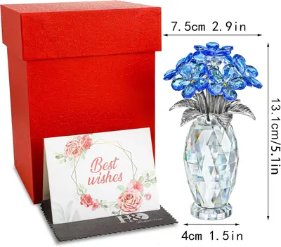 Shows everything included in the purchase—decorative crystal flower, gift box, greeting card, and cleaning cloth—to communicate value and gift-readiness. Provides exact dimensions of the crystal…