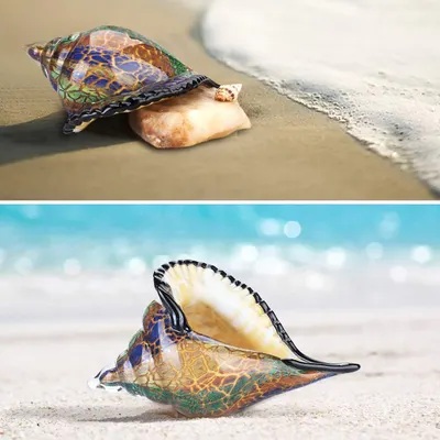 Showcases the decorative glass shell product in a natural beach environment to help shoppers visualize it as a coastal or beach-themed decorative piece.