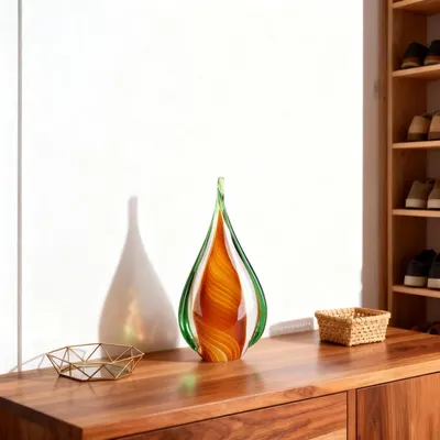 Shows the decorative glass art piece in a real-world home setting to help shoppers visualize how it would look in their own space.