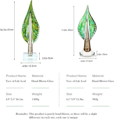 Provides detailed physical measurements (height, width, depth, weight) for two size variants of the decorative glass product, helping shoppers understand the exact dimensions and choose the right…