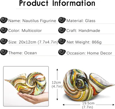 Communicates the exact physical size and weight of the nautilus figurine using dimensional measurements and a hand-for-scale reference to help shoppers understand how large the product is.