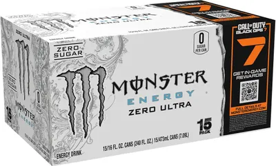 Shows the product packaging in a clean, catalog-style format to give shoppers a clear view of what they will receive when purchasing this 15-pack of Monster Energy Zero Ultra drinks.