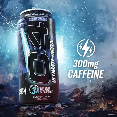 Highlights the high caffeine content (300mg) to communicate the product's energy-boosting performance and appeal to consumers seeking a powerful energy drink. Communicates the primary benefit of…