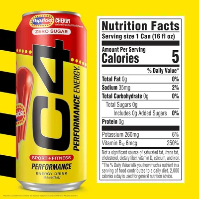 Provides a clean, catalog-style view of the product alongside its complete nutrition facts panel to inform shoppers of the product's nutritional content and zero-sugar formulation.