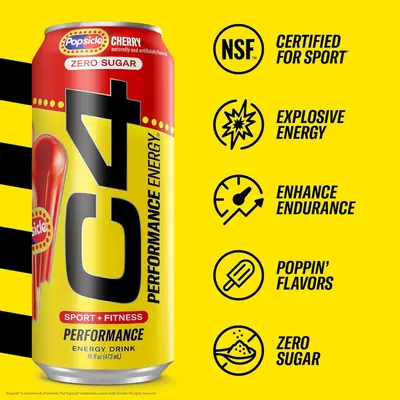 Communicates multiple distinct performance and product benefits in a segmented icon-and-text layout to show why this energy drink is effective for athletes and fitness enthusiasts.