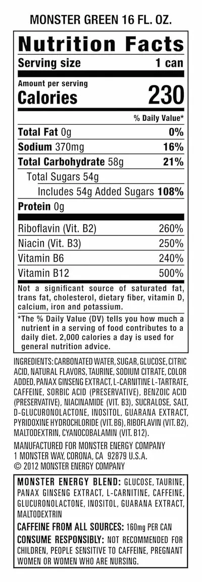 Provides complete nutritional information and ingredient transparency to help shoppers make informed dietary decisions about Monster Green energy drink.