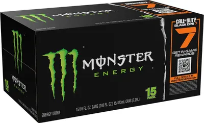 Communicates the quantity included in the purchase (15 cans) and highlights the promotional partnership with Call of Duty Black Ops 7 to appeal to gamers.