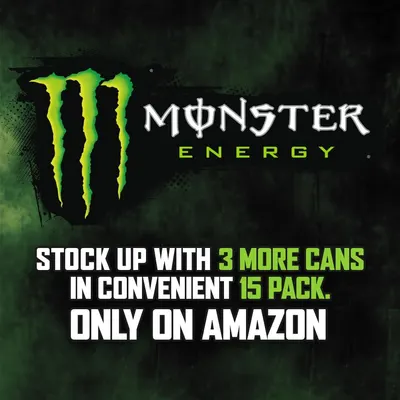 Promotes the Monster Energy brand and highlights an exclusive Amazon bundle offering (15-pack with 3 more cans), driving purchase intent through platform exclusivity.