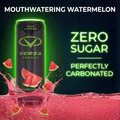 Communicates multiple key product benefits in a visually segmented layout to highlight the energy drink's zero sugar content, carbonation quality, caffeine content, and refreshing watermelon flavor.