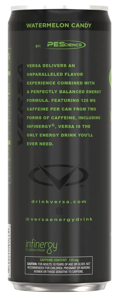 Communicates multiple product benefits including flavor quality, balanced energy formula, and specific caffeine content from dual sources to position the product as a comprehensive energy drink…