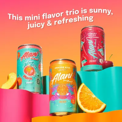 Showcases the brand's mini flavor trio lineup, highlighting the variety of flavors available (Cherry Slush, Orange Kiss, and Juicy Peach) to help shoppers understand the product range and appeal to…