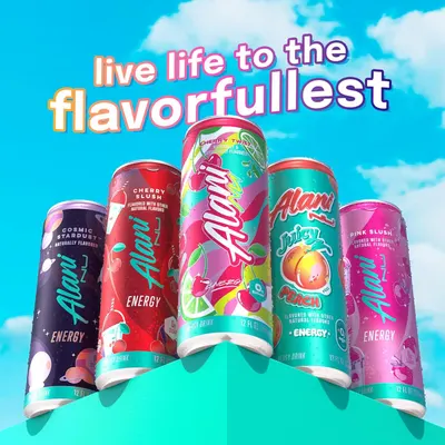 Showcases the brand's product lineup with multiple flavor options while reinforcing the brand's lifestyle messaging to encourage shoppers to explore the variety available.