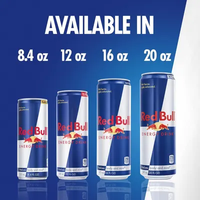 Shows shoppers the complete range of Red Bull Energy Drink size options available (8.4 oz, 12 oz, 16 oz, 20 oz) to help them choose the right size for their needs.