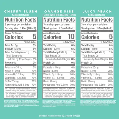 Showcases the brand's product lineup by displaying three different flavor options side-by-side with their nutrition facts, helping shoppers compare and choose between Cherry Slush, Orange Kiss, and…