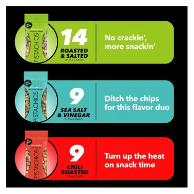 Showcases the brand's product lineup with three different pistachio flavors and pack sizes, helping shoppers understand the variety available and choose the option that best fits their taste…
