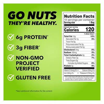 Communicates multiple health benefits and certifications of the product to reassure health-conscious shoppers that the nuts are nutritious and meet dietary preferences.