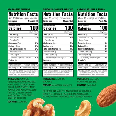 Displays the brand's product portfolio by showing three different nut varieties side-by-side with their nutrition facts, helping shoppers compare options and choose the variant that best fits their…