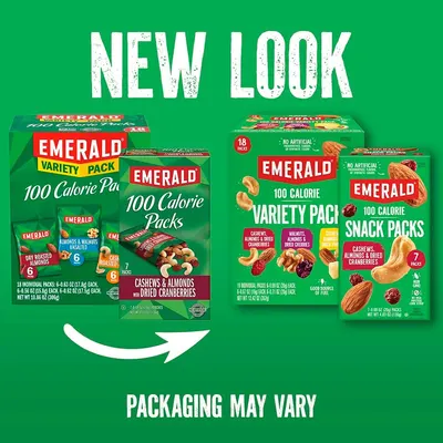 Informs shoppers about the brand's new packaging design while showcasing the variety of Emerald 100 Calorie snack pack options available.