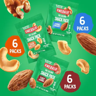 Displays the brand's product portfolio of three different 100-calorie snack pack varieties (Cashews & Halves & Pieces, Almonds & Walnuts, and Dry Roasted Seasoned Almonds) to help shoppers…