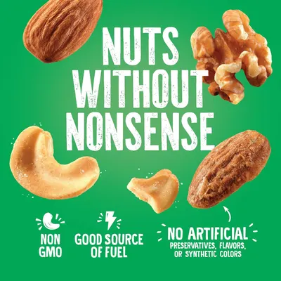 Communicates multiple health and quality benefits of the nuts product, reassuring shoppers that the product is natural, nutritious, and free from artificial additives.