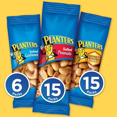 Displays the Planters brand's product variety, showing three different nut options (Salted Cashews, Salted Peanuts, and Honey Roasted Peanuts) with pack count information to help shoppers understand…