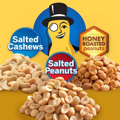 Showcases the brand's product portfolio by displaying multiple nut varieties (salted cashews, salted peanuts, honey roasted peanuts) available from the brand, helping shoppers understand the range…