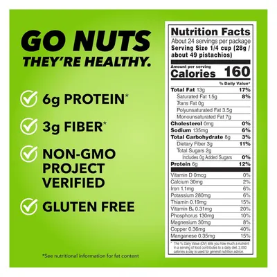 Communicates multiple health benefits and certifications of pistachios to reassure shoppers that the product is nutritious and meets dietary preferences.