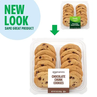 Communicates that the product has new packaging but remains the same quality product, showing both the old 'fresh' branded package and the new 'amazon grocery' branded package to reassure customers…