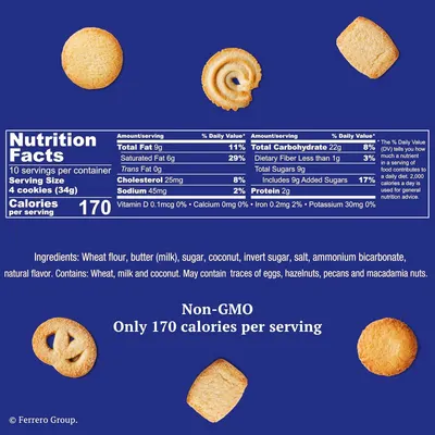 Communicates multiple selling points including Non-GMO certification and low calorie count (170 per serving) alongside full nutrition facts to reassure health-conscious shoppers.