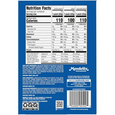 This image provides a detailed nutritional comparison across three product variants (Chips Ahoy, Oreo, Golden Oreo) to help shoppers make informed choices based on calorie content, ingredients, and…