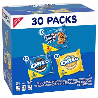 Showcases the brand's product portfolio by displaying three different cookie varieties (Chips Ahoy, Oreo, and Golden Oreo) in one variety pack, helping shoppers understand the assortment included in…