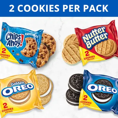 Displays the brand's product portfolio of cookie varieties to help shoppers understand the different options available within the same product line, all featuring the '2 cookies per pack' format.