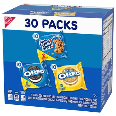 Shows shoppers exactly what's included in the variety pack—the three cookie types, quantities of each, and total pack count—to help them understand the bundle value and variety.