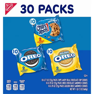 Shows shoppers exactly what they receive in the variety pack—three different cookie types with quantity breakdowns—to help them understand the bundle's value and variety.