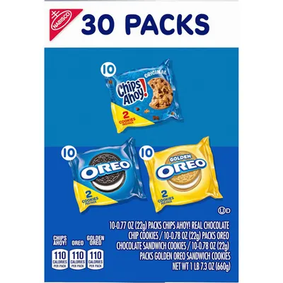 Showcases the brand's product lineup by displaying three different cookie varieties (Chips Ahoy, Oreo, and Golden Oreo) available in this variety pack, helping shoppers understand the assortment…