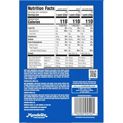 This image helps shoppers compare nutritional information across three different product varieties (Chips Ahoy, Oreo, and Golden Oreo) within the brand's portfolio, enabling informed choice based on…