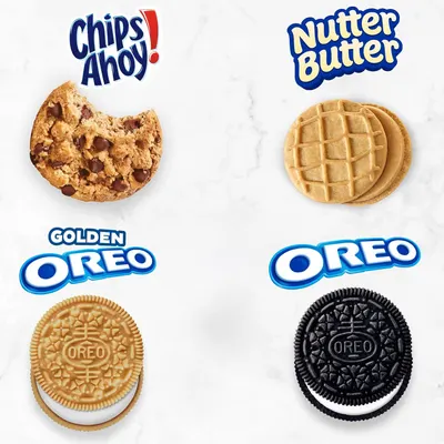 Displays the brand's product portfolio of cookie varieties (Chips Ahoy!, Nutter Butter, Golden Oreo, and Oreo) to help shoppers understand the available options within the brand family.