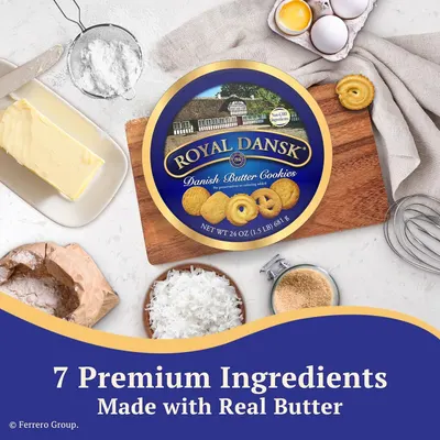 Communicates the quality and authenticity of the product by highlighting that it is made with 7 premium ingredients including real butter, reassuring shoppers about ingredient quality.