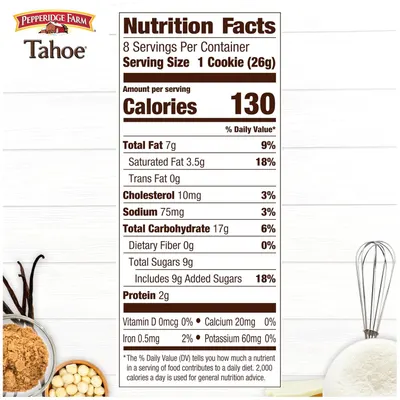 Provides detailed nutritional information for Pepperidge Farm Tahoe cookies to help shoppers make informed dietary decisions and understand the product's nutritional profile.