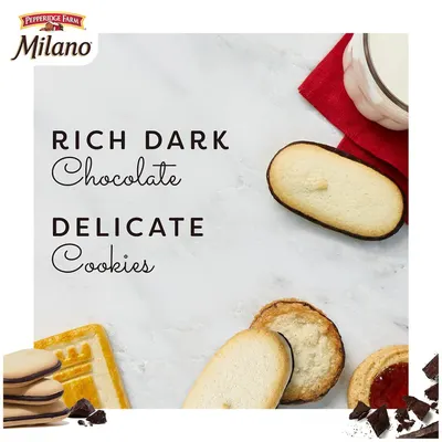 Highlights two distinct product attributes—the rich dark chocolate coating and the delicate cookie texture—to communicate premium quality and taste appeal to shoppers.