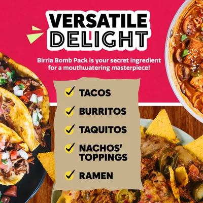 Demonstrates the product's versatility by showing multiple food applications (tacos, burritos, taquitos, nachos toppings, ramen) to communicate that this ingredient works across many different dishes.