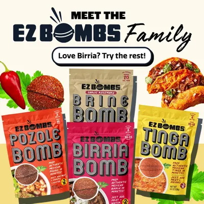 Introduces the EZ Bombs brand family and encourages shoppers who like one flavor (Birria) to explore the full product lineup of Mexican seasoning bombs.
