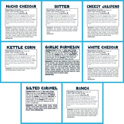Displays the brand's full product lineup of popcorn seasoning flavors with nutrition facts and ingredients to help shoppers compare options and choose their preferred variety.