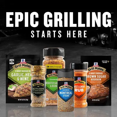 Showcases the McCormick Grill Mates product line with multiple seasoning and marinade options to establish brand identity and help shoppers understand the variety available within the brand family.