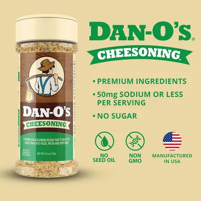 Communicates multiple health and quality benefits of the cheesoning product to reassure shoppers about ingredient quality, dietary considerations, and manufacturing origin.