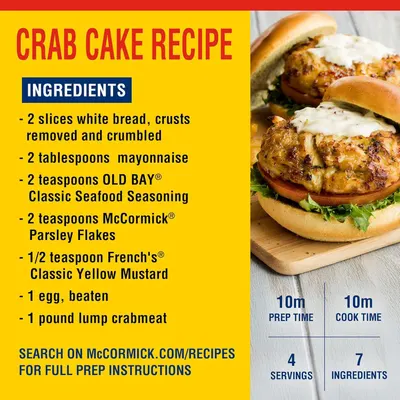 Provides a complete recipe with ingredients and key metrics (prep time, cook time, servings) to guide shoppers in making crab cakes using the featured seasoning products.