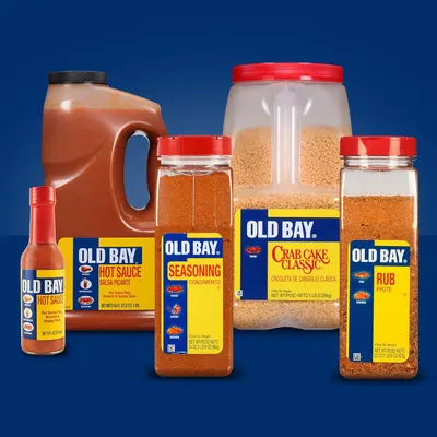 Displays the full range of Old Bay product formats and sizes to help shoppers understand the brand's complete offering and choose the right option for their needs.