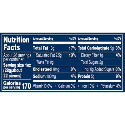 Provides detailed nutritional facts to inform shoppers about the product's calorie count, fat content, protein, and other dietary values per serving.