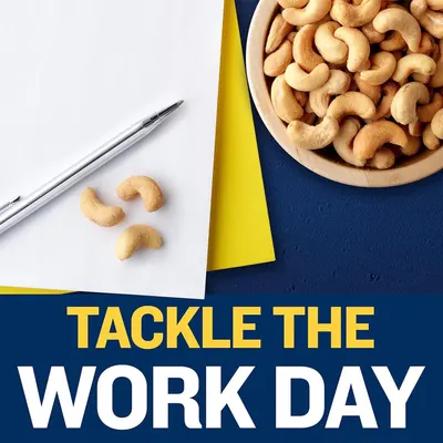 Demonstrates the product as a convenient and energizing snack option for the workplace, positioning cashews as an ideal choice to help professionals stay productive throughout the work day.
