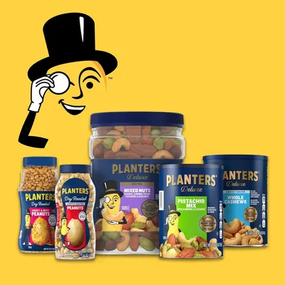 Showcases the Planters brand's product portfolio and variety of nut offerings, using the iconic Mr. Peanut mascot to reinforce brand identity and help shoppers explore different product options.